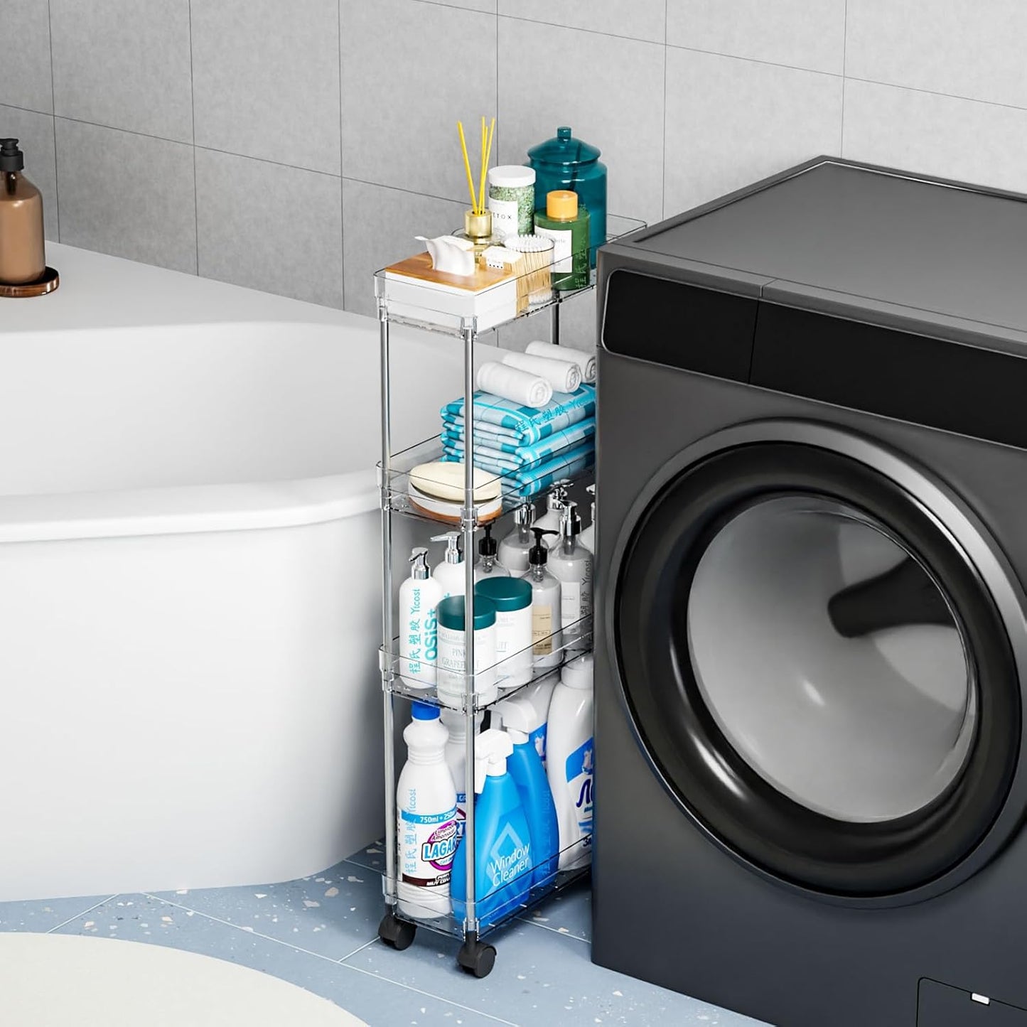 Yieach Clear 4-Tier Slim Rolling Storage Cart - 6.3" Wide Thin Shelves for Small Spaces | Bathroom & Laundry Use