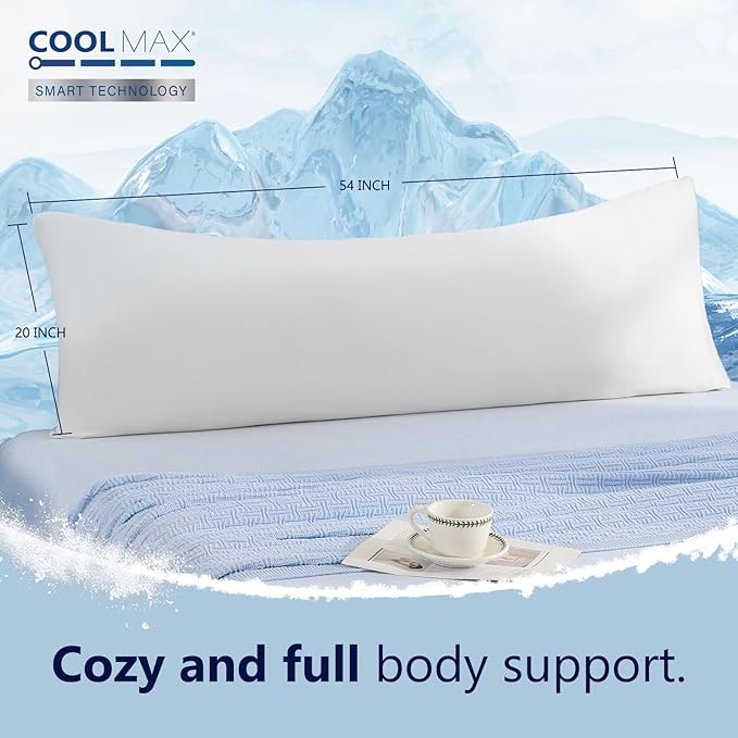 DOWNCOOL Large Body Pillow Insert with Cooling Cover - Soft Long Bed Pillow for Summer - Breathable Full Body Pillow for Adults - 20x54 inch (White, with Cover)