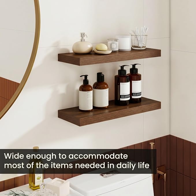 Dreamland Floating Shelves, 20Inch Rustic Wooden Walnut Wall Shelves for Bathroom|Bedroom|Kitchen, Deep Wall Mounted Book Shelf, Wood Storage Display Shelf for Home Decor, Set of 2