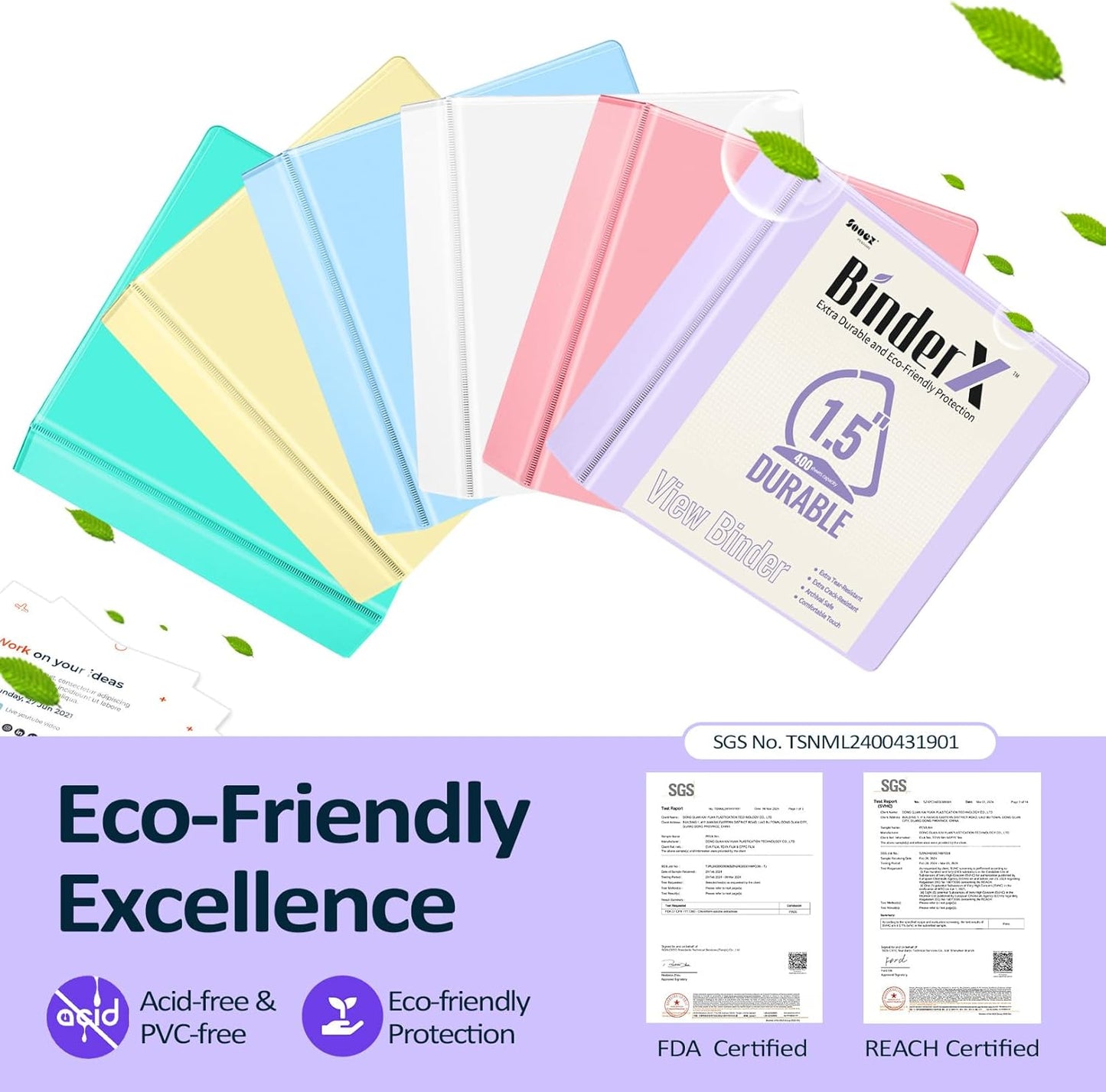 Sooez BinderX Extra Durable 1.5-Inch 3-Ring Binder - Holds 400 Sheets | Customizable View Cover, Light Green