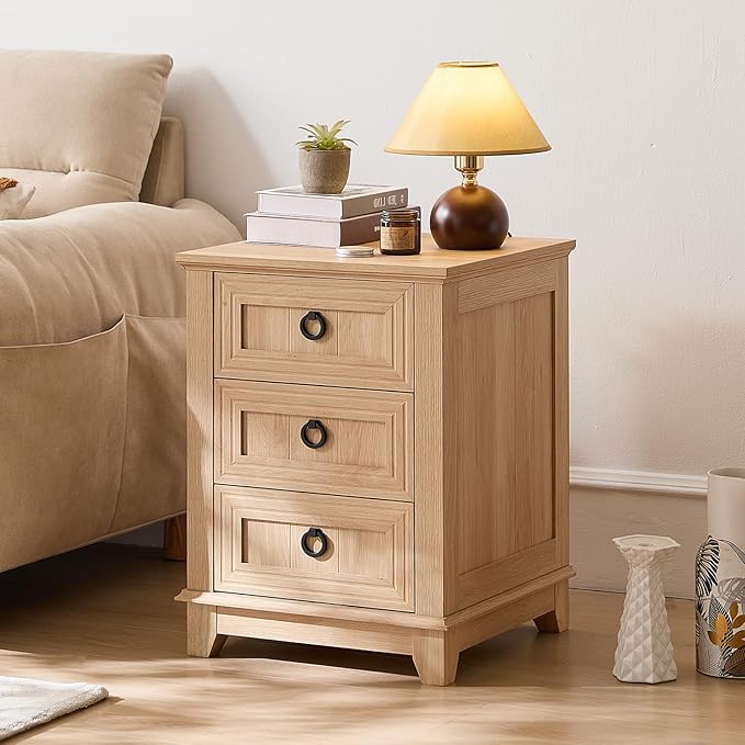 18" Farmhouse Night Stands Set of 2 with 3 Drawers, Wood Bedside End Table, Natural Nightstand, Bed Side Table Cabinet with Metal Handle for Bedroom Living Room, Closet