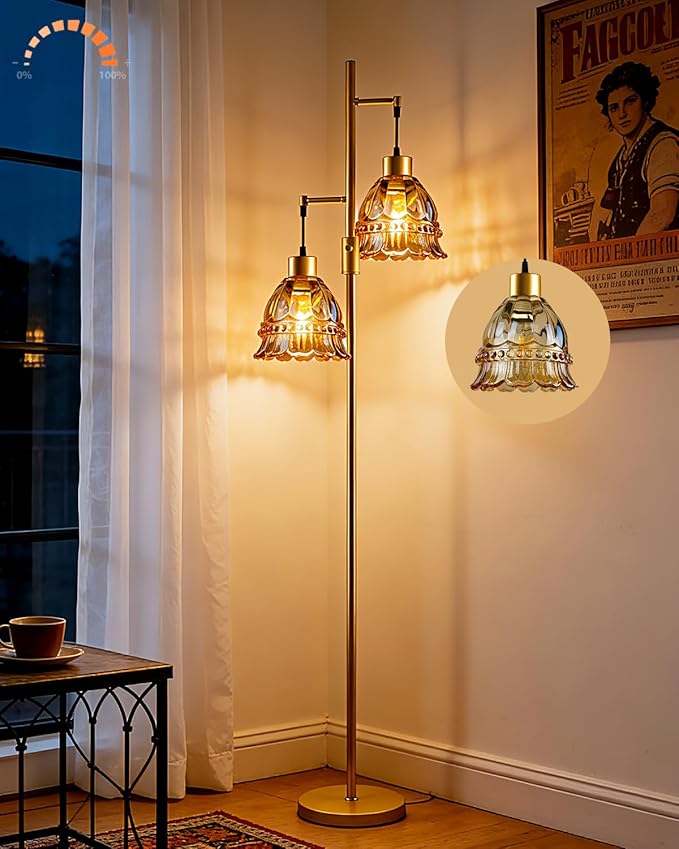 Lightdot 65IN Glass Floor Lamp for Living Room, 2- Light Gold Flower Floor Lamps with Amber Glass Lampshade, 3000K Warm White Modern Standing Tall Lamp with 5Lbs Heavy Base for Bedroom Corner