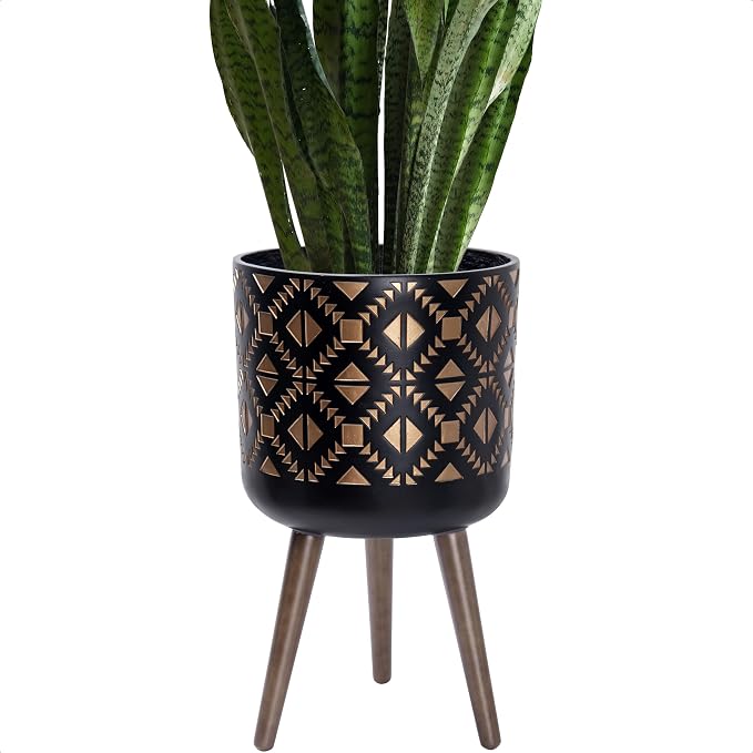 D'vine Dev 12 Inch Planter Pot with Stand, Mid-Century Tall Plant Pot with Legs for Indoor Plants, Bronze/Black, 88-G-C-6