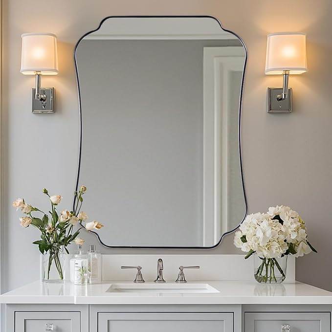 ANDY STAR Chrome Bathroom Mirror 24x36 Inches, Modern Scalloped Wall Mirror with Distinctive Notched Edge Stainless Steel Frame for Hallway, Lounge and Vanity Area