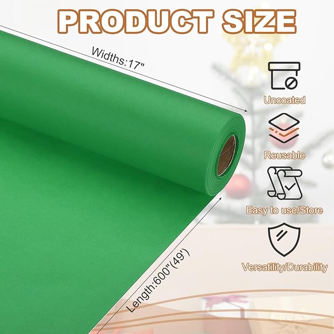 PATIKIL Wrapping Paper, 17" x 600"(49') 70 GSM Craft Paper Roll Kraft Packing Paper for Poster Bulletin Board, Gift Wrapping, Green