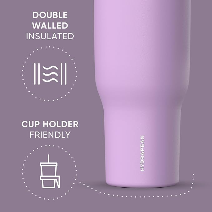 Hydrapeak Voyager 40 Oz Stainless Steel Tumbler with Handle, Insulated Water Bottle With Straw & Lid, Cupholder Friendly Reusable Travel Mug (Mauve)