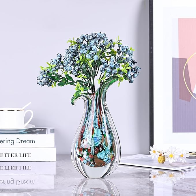 Green Hand Blown Glass Vase – Oval Decorative Art Glass for Centerpieces, Murano Inspired Decor for Dining Room, Entryway Table, or Shelf, Handmade Glass Vase for Home Display (Teal Green)