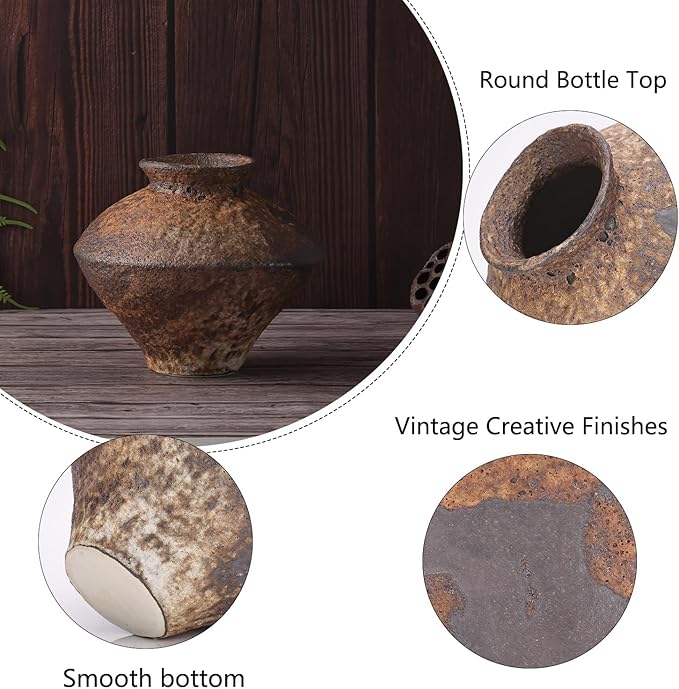 Small Stone Vase for Rustic Home Decor, Farmhouse Antique Pottery Vase Furniture&Table Flower Decorative, Round Terracotta Vases for Living Room Decor, Modern Rustic Concrete Clay Art Vases