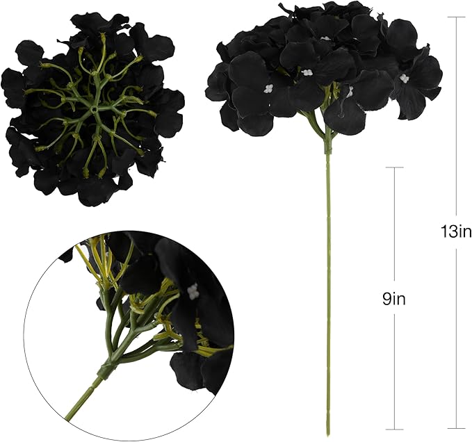 Fake Black Hydrangea Artificial Flowers - Faux Silk Hydrangeas Flowers Heads with Stems Real Touch for Home Wedding Party Table Decor(Black,Black of 10)