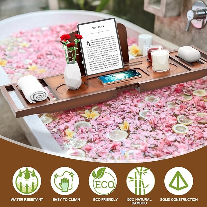 Premium Bamboo Bathtub Tray Caddy - Bath Tub Tray Table for Bathtub - Bath Caddy Tray for Bathtub, Expandable Size, Fits Most Bath Tubs