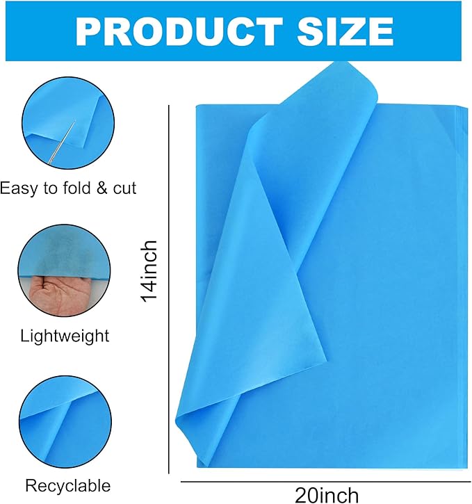 BEISHIDA 100 Sheets Blue Tissue Paper Bulk, Wrapping Tissue Paper for Gift Bags, 14 x 20 Inch Gift Wrap for Birthday Wedding Graduation DIY Crafts Holiday Flowers