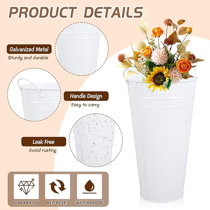 Flower Bucket for Flower Bar, 6 Pcs 10.2 Inch Metal Vases with Handles, Leak-Proof White French Buckets for Valentine's Day, edding Centerpieces, Baby Shower, Mother's Day, Farmhouse Rustic Home Decor