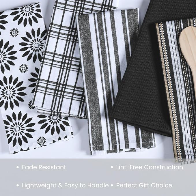 Assorted Kitchen Towels - Black Kitchen Towels, Set of 5, 16x26 in - Absorbent 100% Cotton Dish Towels with Hanging Loop - Waffle Weave Tea Towels for Drying Dishes, Glassware & Counters