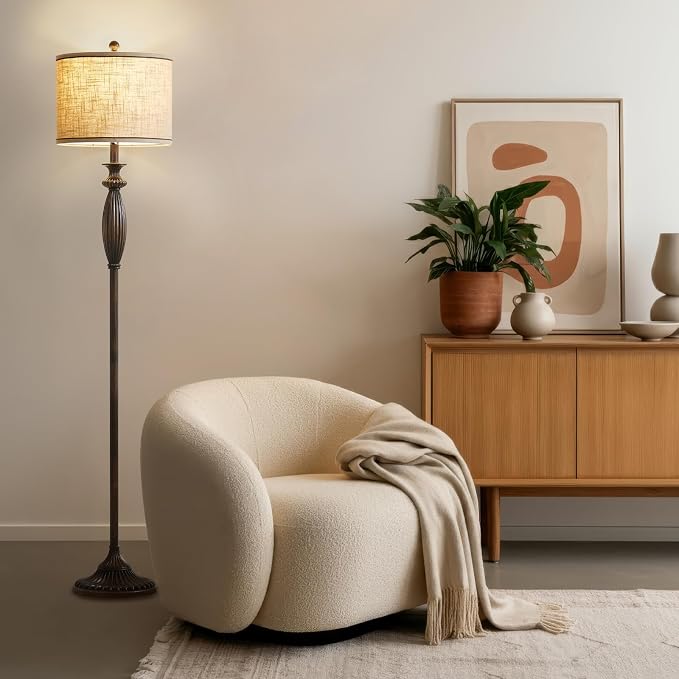 63.8" Vintage Floor Lamp with Rotary Switch, Dimmable Color Temperature Standing Lamp, Retro Farmhouse Floor Lamps for Living Room, Bedroom, Hallway, Office, Room Decor, Antique Black (Bulb Included)
