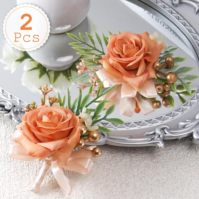 2 Pcs Rose Wrist Corsage and Boutonniere Set, Rose Corsage Hand for Women, Boutonniere for Men Wedding Artificial Flowers Accessories Prom Decor, Wedding Party Accessories (Orange)