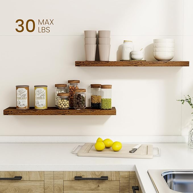 Dreamland 30Inch Floating Shelves for Wall, Rustic Wooden Floating Shelves for Bathroom|Bedroom|Kitchen, 2 Pack Deep Wall Mounted Book Shelf, Wood Storage Display Shelf for Home Decor, Brown