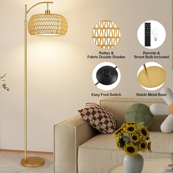 ZECOXOL Gold Floor Lamps for Living Room Rattan Boho Floor Lamp with Remote Control & 3 Color Temperature,Dimmable Arc Floor Lamps Brass Standing Lamp Tall Floor Lamp for Bedroom Living Room Corner