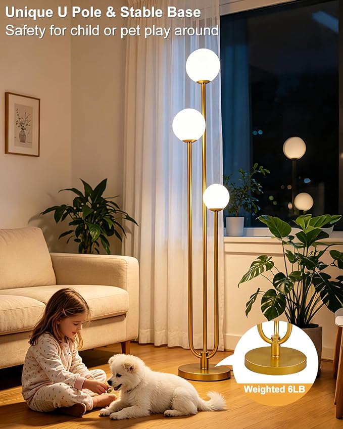 63IN 3-Light Dimmable Floor Lamp, Unique Gold Tall Standing Lamps with 3000K G9 Bulbs for Reading, Mid Century Modern Floor Lamp with 5Lbs Heavy Base for Living Room Bedroom Home Office