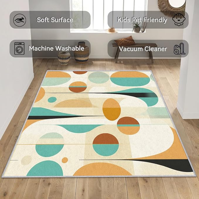 Retro Mid Century Rug 7x9, Washable Modern Geometric Rugs for Living Room Bedroom, Abstract Mid-Century Area Rug for Home Decor, Non Slip Backing Floor Carpet - 7 x 9 ft