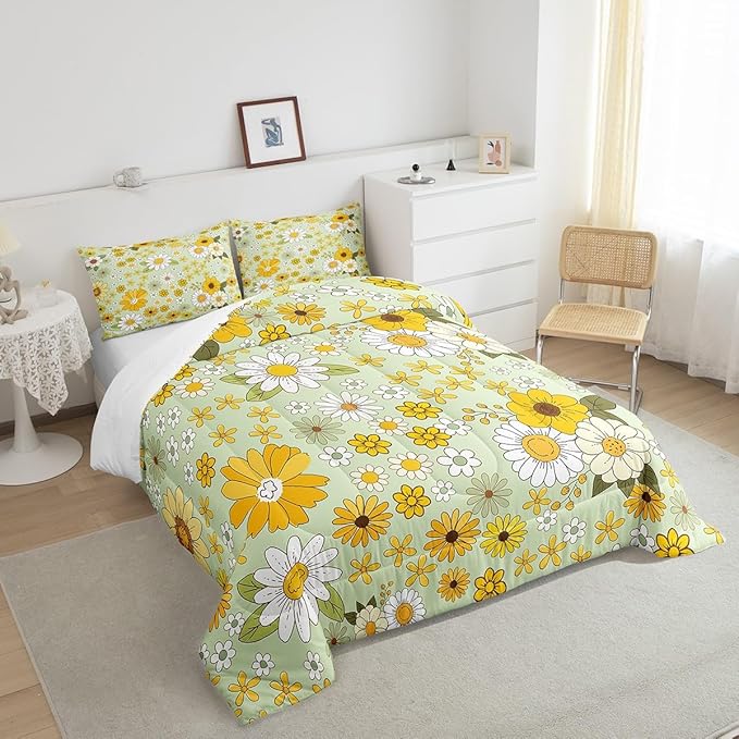 Vintage Floral Bedding Comforters King Size,Boho Spring Fresh Flowers Boys Girls Comforter Set Room Decor,Trippy Hippie Groovy Botanical Modern 3pcs Bedding Set Chic Xmas Present
