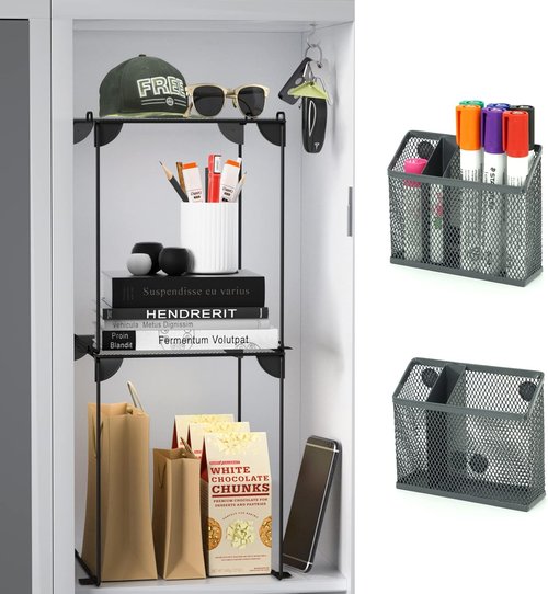 Neudeco Locker Accessories Kit - Mesh Shelf, Organizer, Magnetic Basket & Pen Holder | Pack of 4, Grey