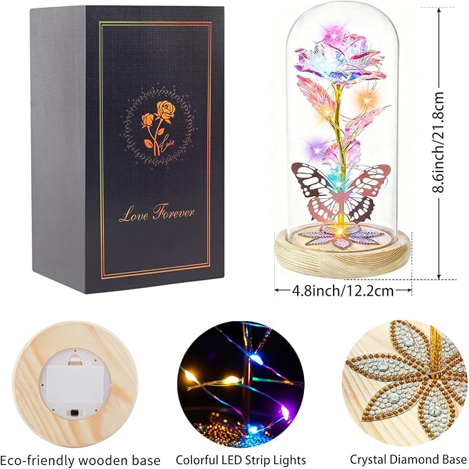 Beferr Christmas Birthday Gifts for Women, Mom Gifts for Christmas Galaxy Glass Rose Forever Preserved Flowers for Delivery Prime Rose in Glass Dome Xmas Gifts for Grandma Wife Sister Her, Rainbow