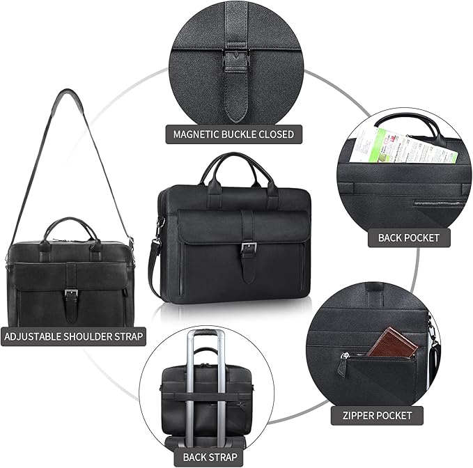 ESTARER Laptop Briefcase 15.6 Inch, Men’s Briefcase for Business/Travel, Leather Computer Office Work Bag, Water Resistant Laptop Bag, Black