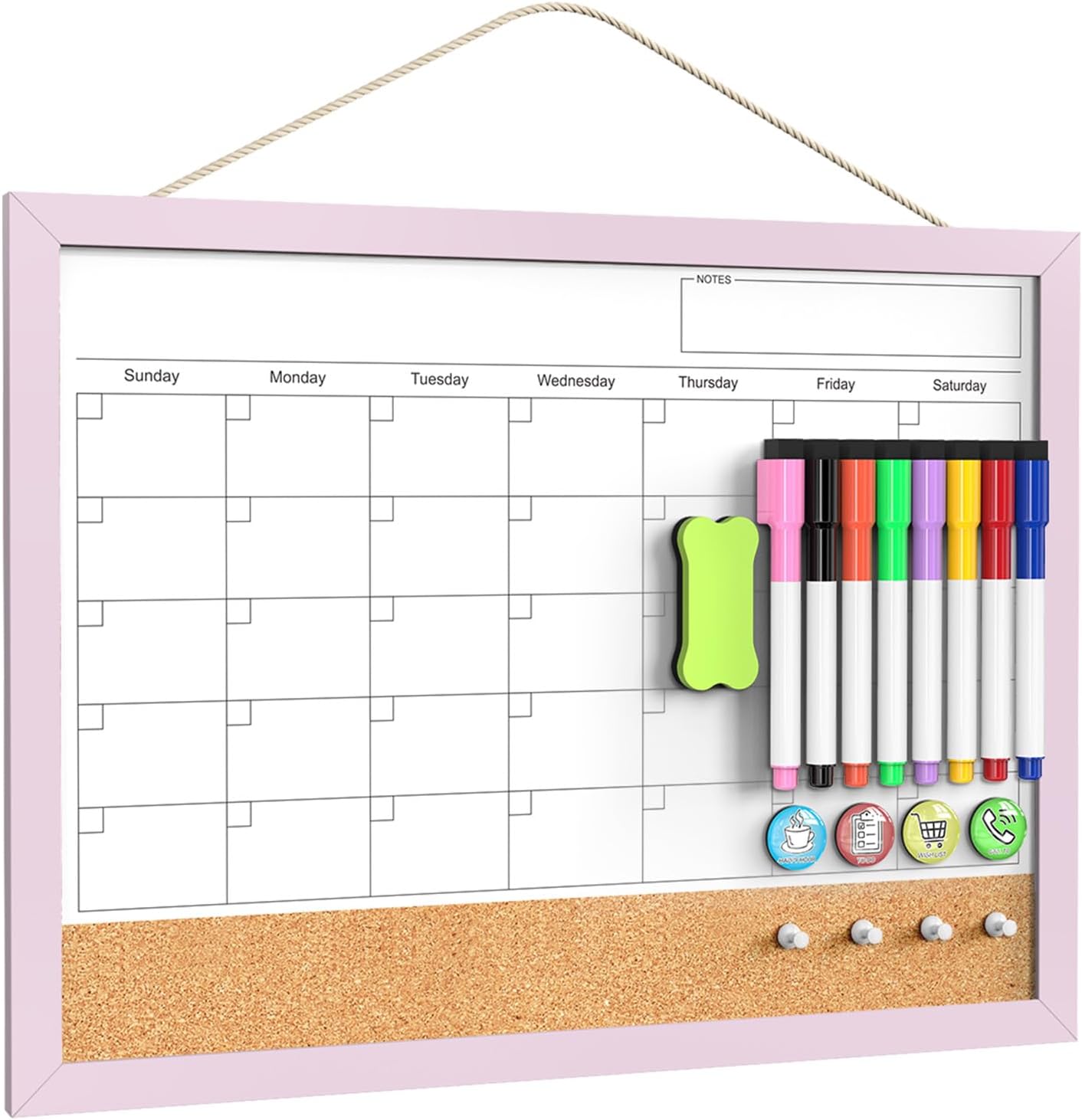 Skiennix Dry Erase Calendar Cork Board Combo - 17x13 Inch Magnetic Whiteboard with Pink Frame for Home & Office Planning