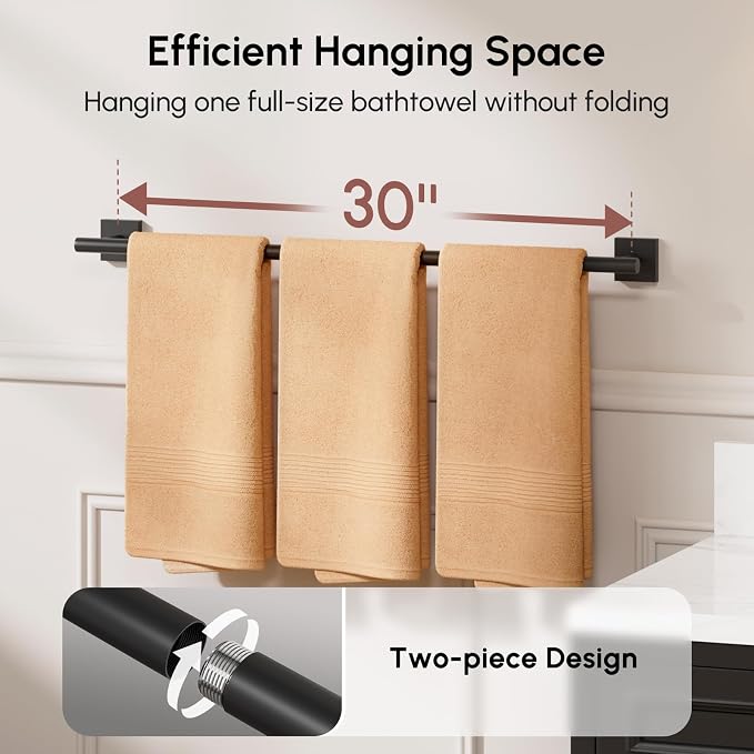 USHOWER Matte Black Bath Towel Bar, 30 Inch Towel Racks for Bathroom Wall Mounted, 304 Stainless Steel Towel Holder with Square Base, Modern Home Decor (Total Length 32 Inch)