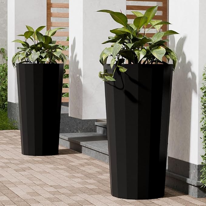 23.6" Tall Outdoor Planters Set of 2, Large Planters for Outdoor Plants for Porch Decor with Drainage Hole, Wide Stripe Design Porch Flower Pots for Indoor Pot Patio/Garden, Black