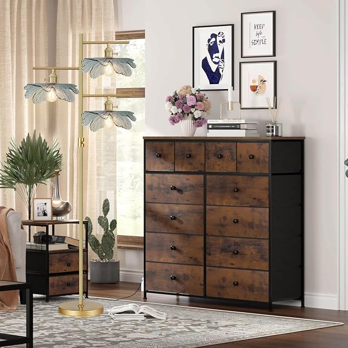 65" Dimmable Gold Floor Lamp, 3-Light Antique Brass Tree Standing Lamp with Dark Green Flower Glass Shade, Rustic Tall Floor Light for Bedroom Corner Living Room Study Office