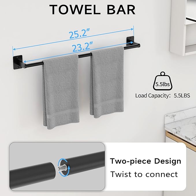 KLJKPA 8 Pieces Bathroom Hardware Set, 24 inch Towel Bar, Matte Black Bathroom Accessories Set, Towel Racks for Bathroom, Robe Towel Hooks, Toilet Paper Holder Wall Mounted