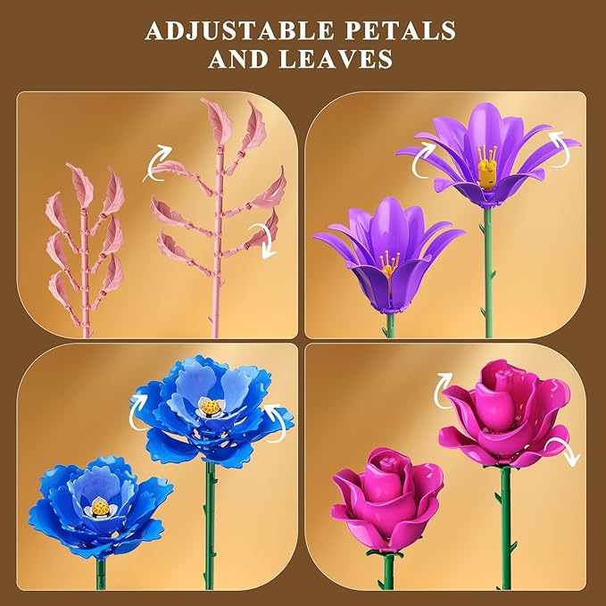 Flowers Bouquet Building Set with LED Light, 21 Flower Botanical Collection Building Block Toy, Rose Lily Home Plant Decor 1054PCS for Her Adults Women Kids Girls 12+ (Purple)