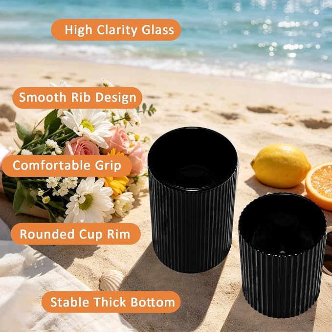 14 oz & 18 oz Ribbed Drinking Glasses Set of 12, Vintage Iced Coffee Cups Elegant Glassware, Highball Glass Cups Ridged Glass Tumbler for Cocktail, Whiskey, Beer, Water, Juice, Origami Style Black