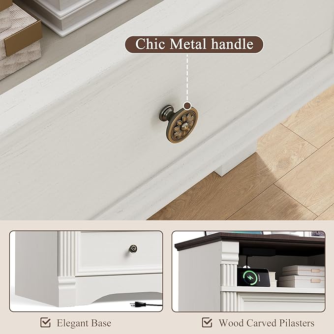 White Nightstand with Charging Station, Farmhouse Wood Bedside Table & End Table with 2 Drawers and Chic Wood Pilasters Design, Side Table Storage Cabinet with Metal Handles for Bedroom, Living Room