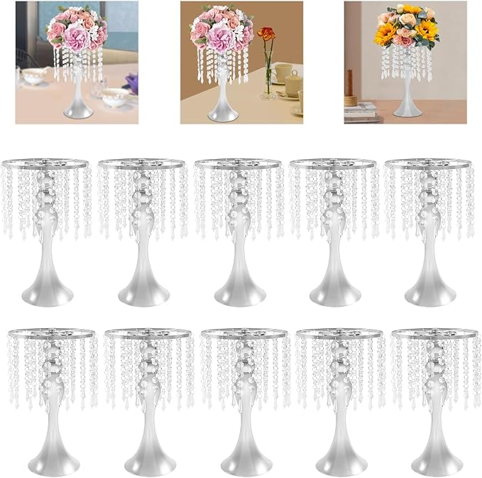 10 Pcs Glam Crystal Flower Stands, Wedding Reception Decorations with Sparkling Crystal Beads Table Center Display Flower Arrangement Flower Stand Metal Vase for Event Decor (Silver, Height:13.77in)
