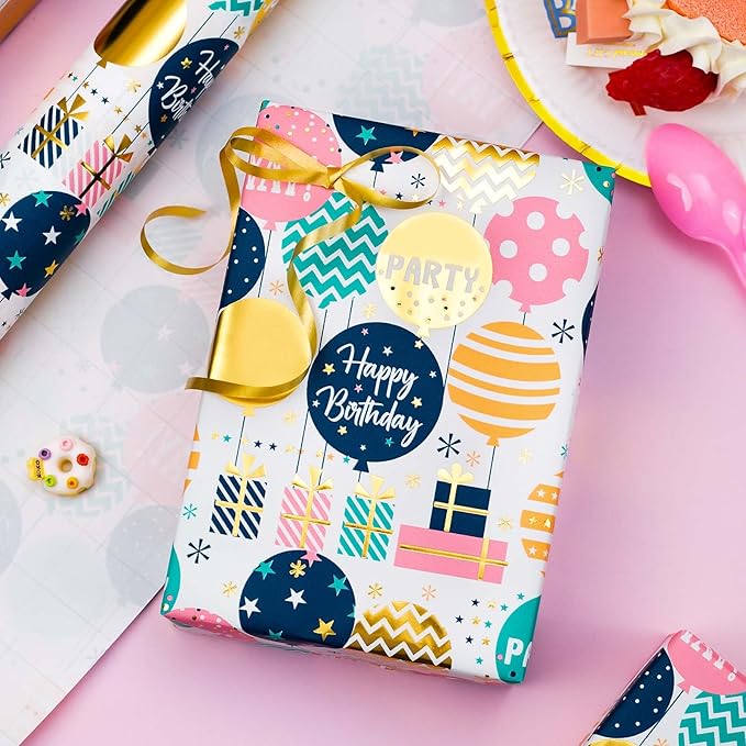 Homeral Birthday Wrapping Paper Roll - Cute Colorful Balloon with Gold Foil Metallic Shine Gift Wrap Paper for Birthday, Baby Shower, Party - Mini Roll - 17 Inch x 33 Feet