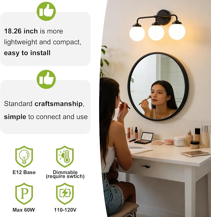 Bathroom Light Fixtures, 18.26'' Black Vanity Light, Modern 3 Lights Wall Sconce with Milky Glass Globe Shade, Mid-Century Bathroom Lighting Fixtures Over Mirror for Bathroom, Living Room