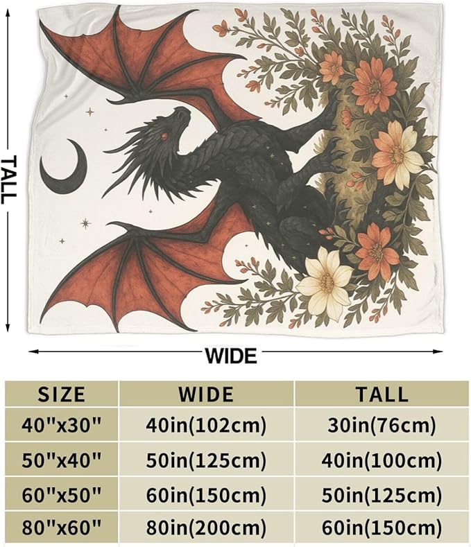 Black Dragon Blanket Floral Dragon Throw Blanket Soft Cozy Fleece Fuzzy Stuffed Plush Flannel Gifts for Girls Women Boys Kids Adults 50"X60"