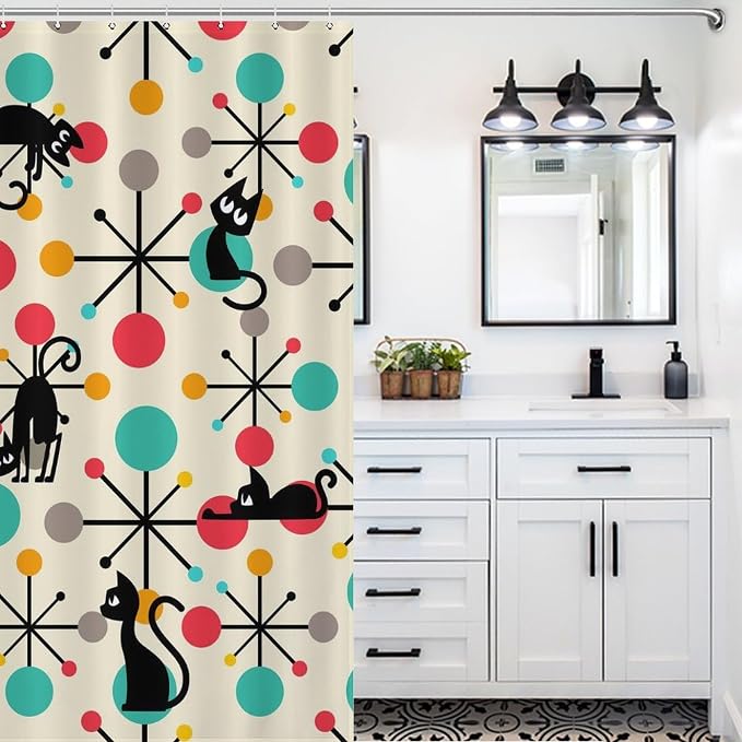 Mid Century Modern Cat Shower Curtain,Abstract Atomic Starburst Geometric Diamond Pattern Shower Curtains Set for Bathroom Fabric Decorative Bath Curtain Washable Curtain Hooks, 72x72 inch