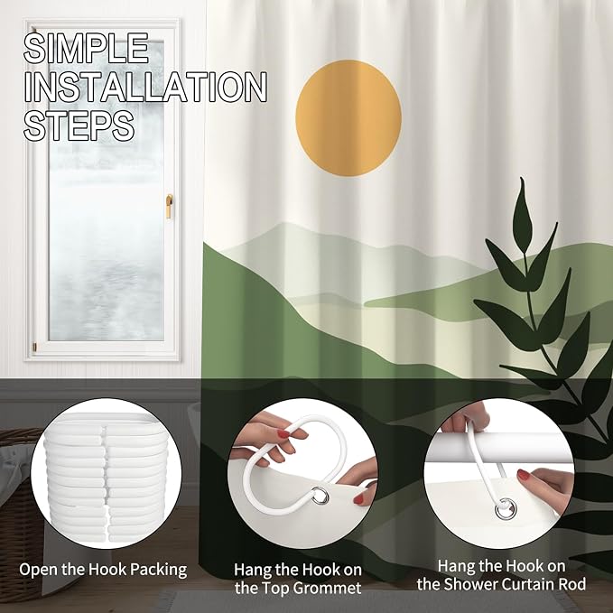 Boho Mid Century Shower Curtain Modern Abstract Sun Tropical Leaves Bathroom Curtain Set Neutral Minimalist Plant Waterproof Fabric Bath Decor with Hooks 60x72 inch