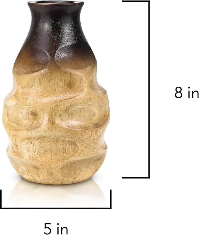 Handmade Ombre Mango Wood Vase – 8-Inch Brown Bottle-Shaped Decorative Accent – Rustic Artisan Flower Vase for Dried or Artificial Flowers – Sustainable Boho Tabletop Decor