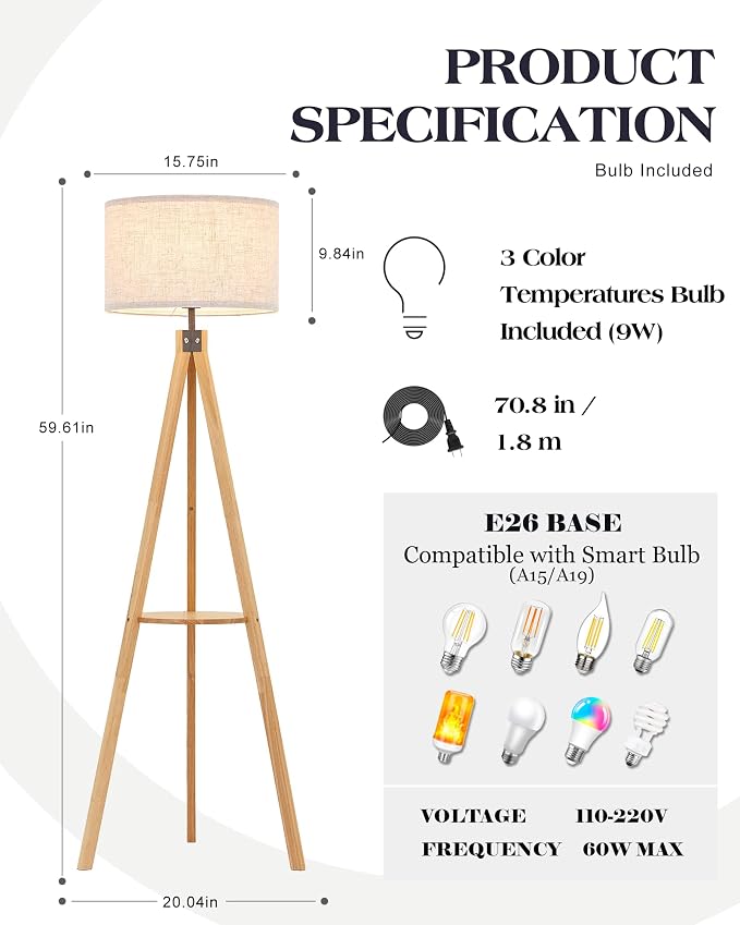 ELYONA Wood Floor Lamp for Living Room, Japandi Tripod Standing Lamp with Linen Shade & Wood Tray Table, Shelf Floor Lamp for Bedroom, Office, Dining Room, LED 3 Color Temperatures 9W Bulb Included