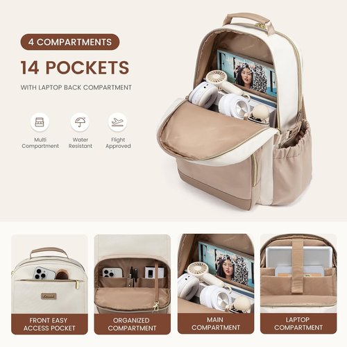 LOVEVOOK Laptop Backpack - Waterproof Travel Bag for 15.6" Laptops | Large Capacity, Beige-Nude-Logam Plum