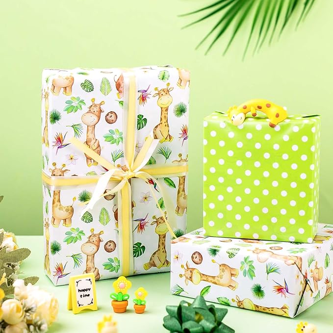 Burymento Giraffe Wrapping Paper, Reversible Dot Design Gift Wrap for Baby Shower, Birthday, Valentines, Mothers day, Graduation, Wedding, Fathers day, Christmas (17 Inch X 32.8 Feet)