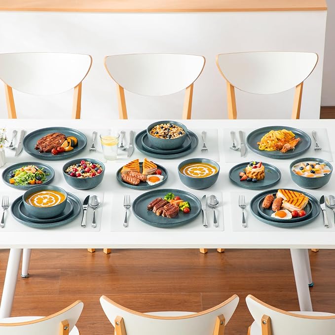 vancasso Plates and Bowls Sets, 24 Pieces Stoneware Dinnerware Set for 8, Ceramic Dish Set for Kitchen, Microwave and Dishwasher Safe, Smoky Teal, Series ZERMATT