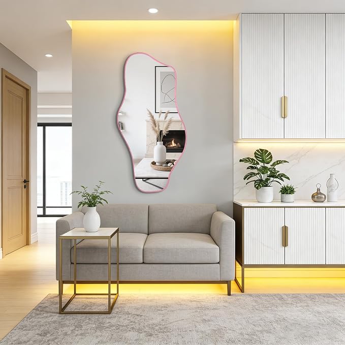 Irregular Tempered Glass Mirror, 47.2"x24" Pink Asymmetrical Aesthetic Wall Mirror, Modern Organic Shape Frameless Mirrors for Entryway Bedroom Living Room, Horizontal or Vertical Hanging