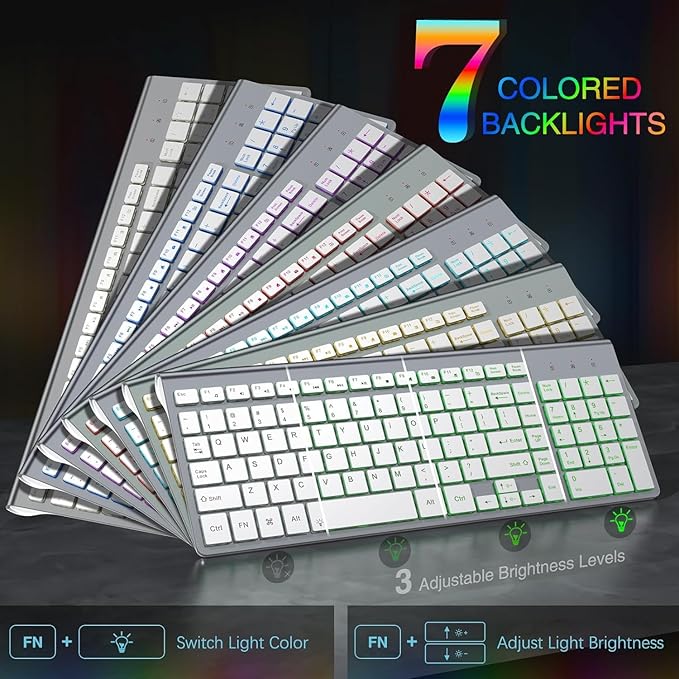 J JOYACCESS Wireless Keyboard and Mouse Combo with 7 Backlit Options,Quiet Light Up Keys,Type-C Rechargeable,Sleep Mode-2.4G Slient Portable Cordless Combo for Laptop/PC/Computer/Mac(White+Sliver)