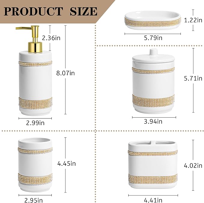 RQYIXI Bathroom Accessories Set with Diamonds 5 Pieces Toothbrush Holder Soap Dispenser Ceramic Bathroom Accessory Set Contain Cotton Swab Jar Toothbrush Cup Soap Dish Tumbler