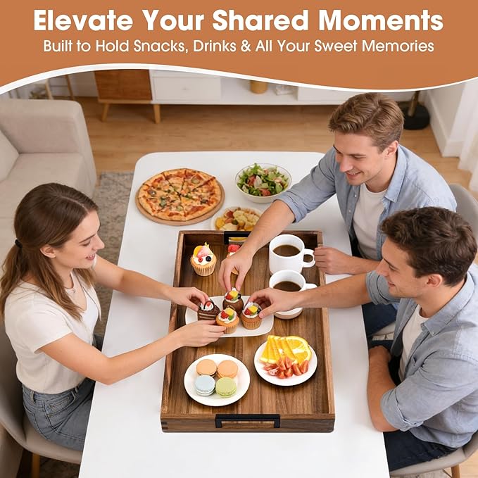 Large Ottoman Tray for Living Room and Coffee Table, Decorative Acacia Wood Serving Tray with Metal Handles for Breakfast in Bed, Dinner Food Kitchen TV (Natural, 24" x 15" x 2")